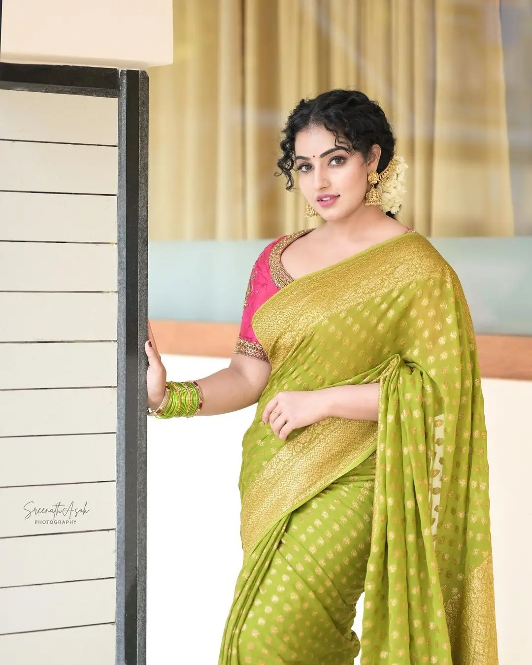 MALAVIKA MENON IN SOUTH INDIAN TRADITIONAL GREEN SAREE RED BLOUSE 2
